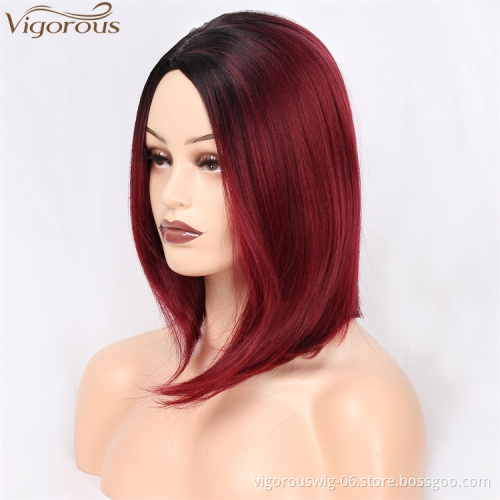 Vigorous 14inch Synthetic Side Part Natural Short Straight Hair Wigs for Black Women 2 Tone Ombre Red Heat Resistant Fiber Hair